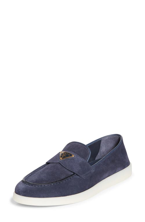 Prada Enamel Triangle Logo Suede Loafers In Bleu