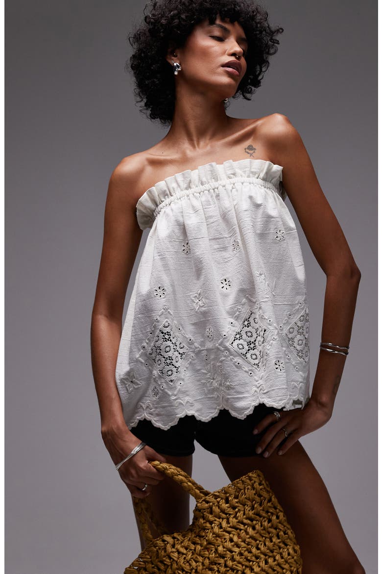 Lace Inset Strapless Cotton & Linen Top, Main, color, WHITE