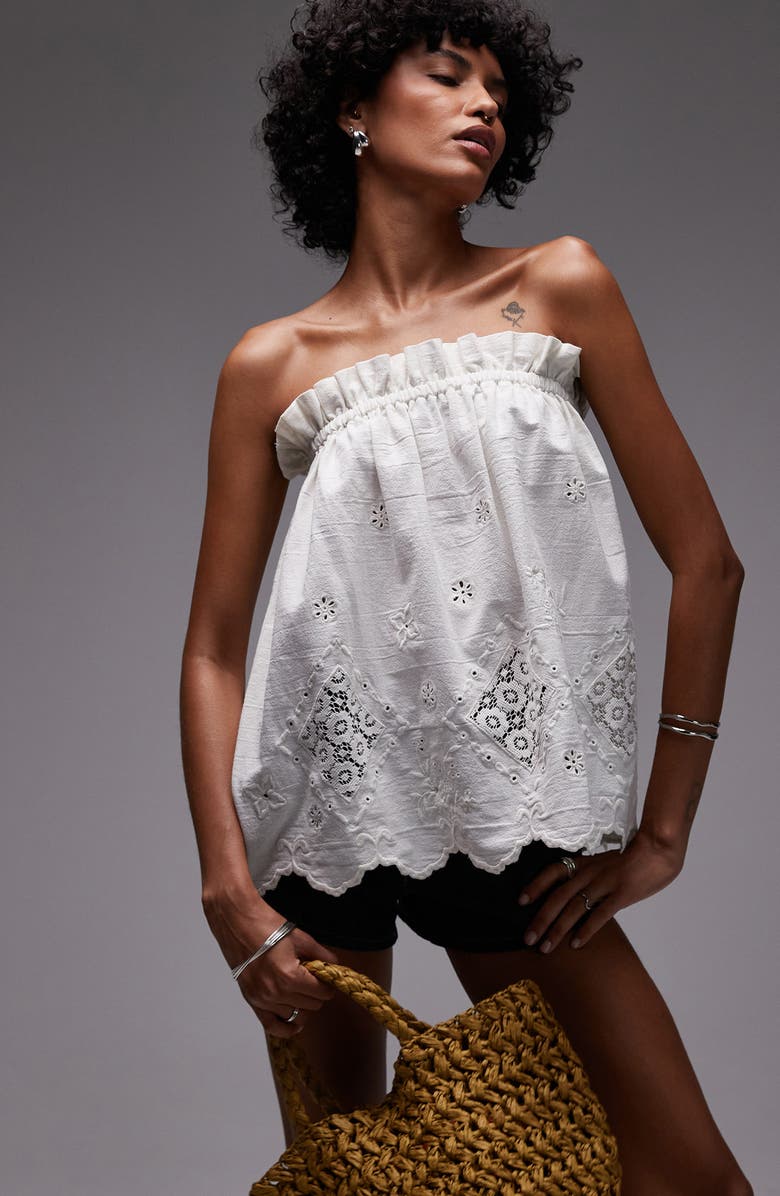 Topshop Lace Inset Strapless Cotton & Linen Top, Main, color, White