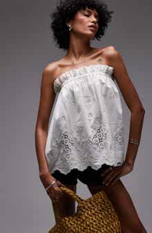 Topshop Lace Inset Strapless Cotton & Linen Top