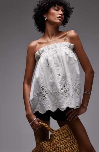 Topshop Lace Inset Strapless Cotton & Linen Top