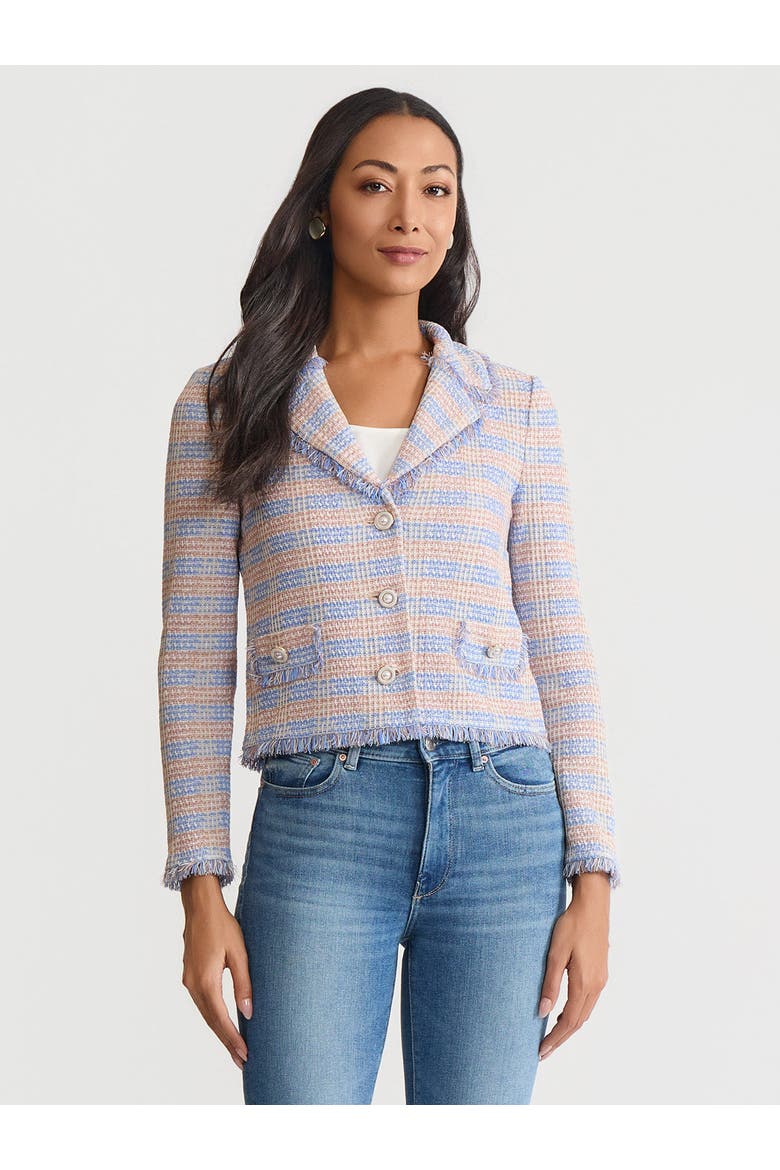 Relaxed Plaid Fringe Trim Knit Jacket, Alternate, color, Tranquil Blue