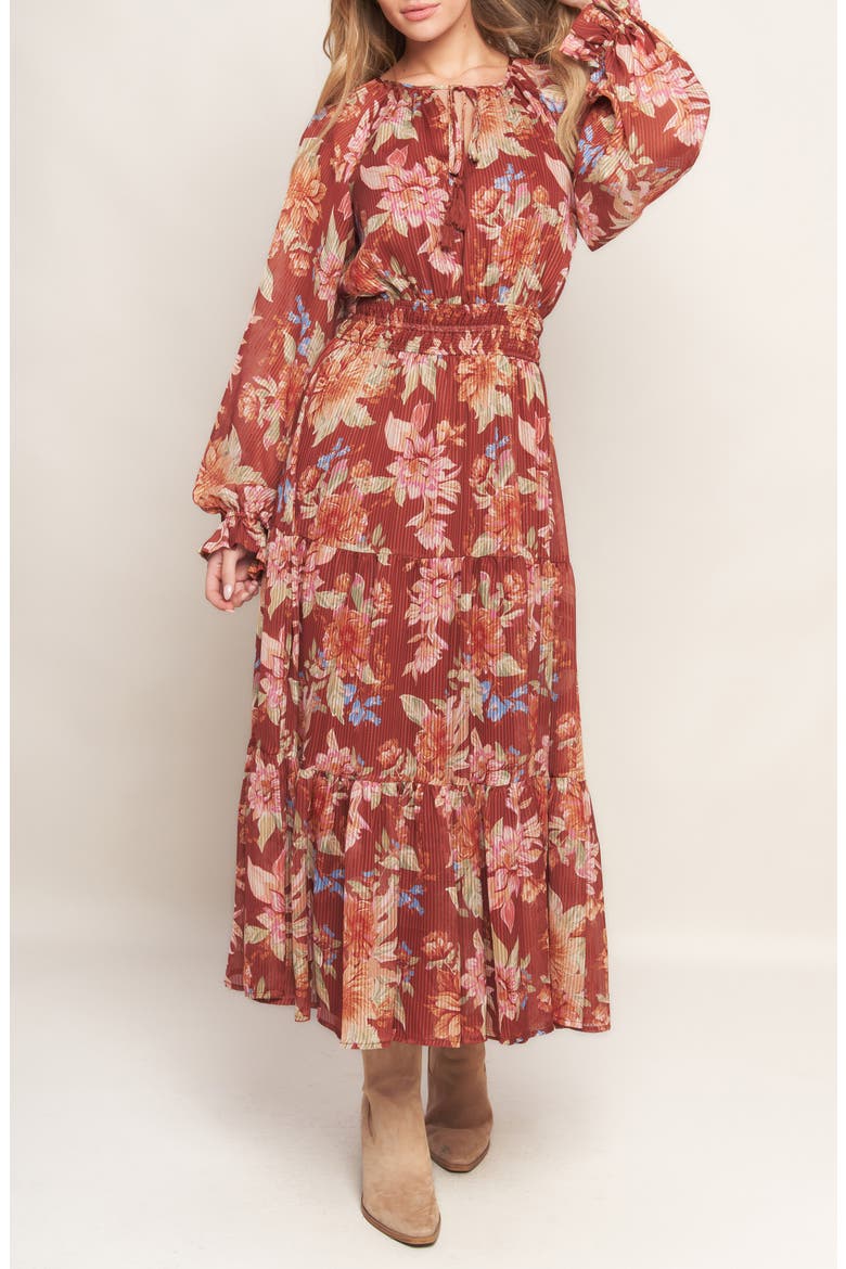 Long Sleeve Tiered Midi Dress, Alternate, color, BROWN