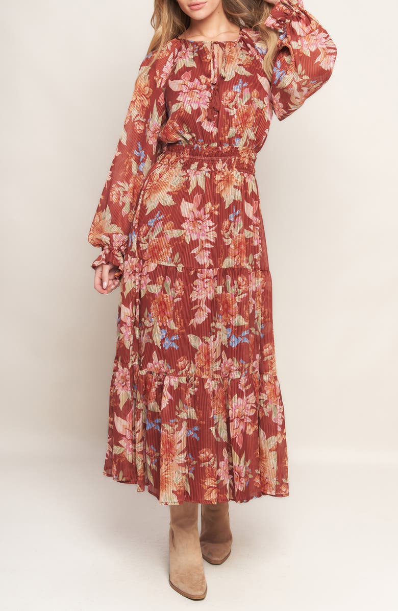 FLYING TOMATO Long Sleeve Tiered Midi Dress, Alternate, color, Brown