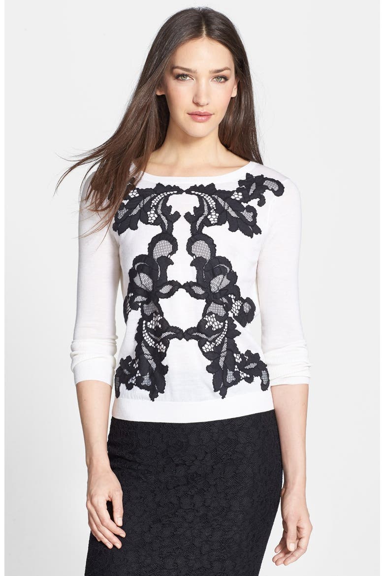 'Shara' Lace Appliqué Wool Sweater, Main, color, IVORY
