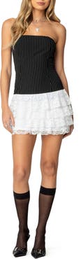 EDIKTED Pinstripe & Ruffle Strapless Minidress