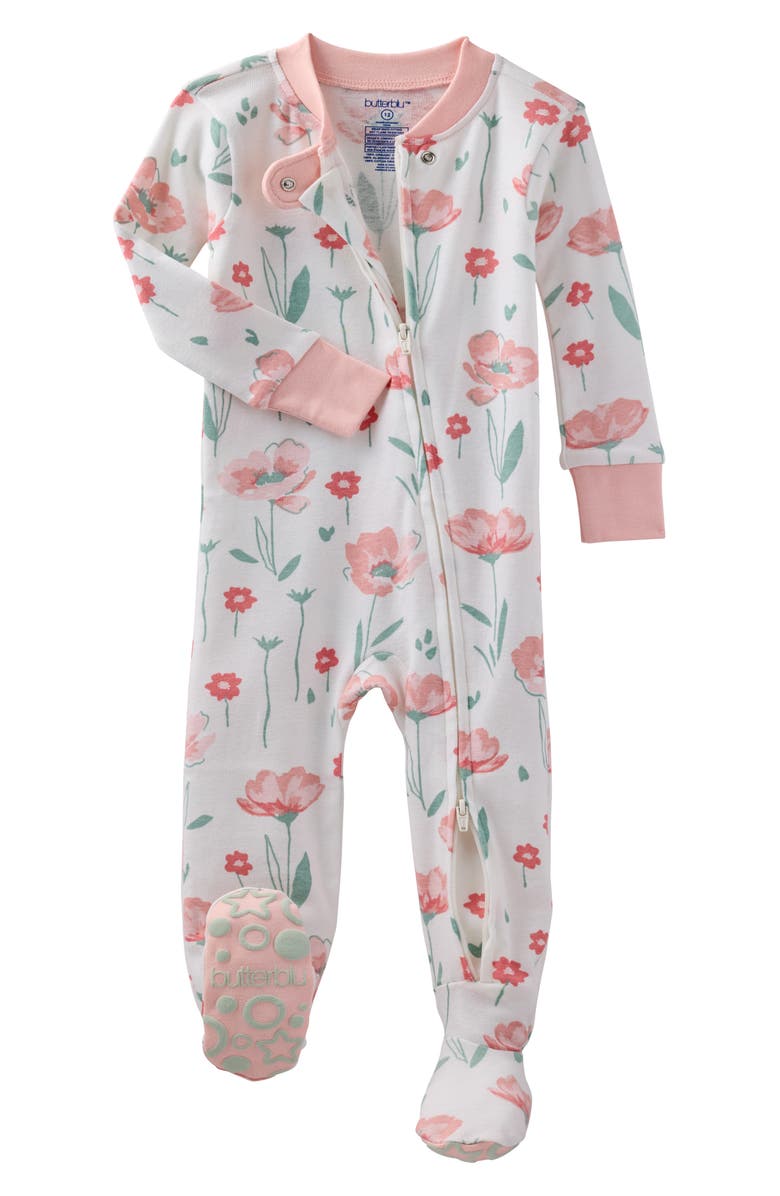 BUTTERBLU Cruz One-Piece Organic Cotton Footie Pajamas, Alternate, color, Floral Fields