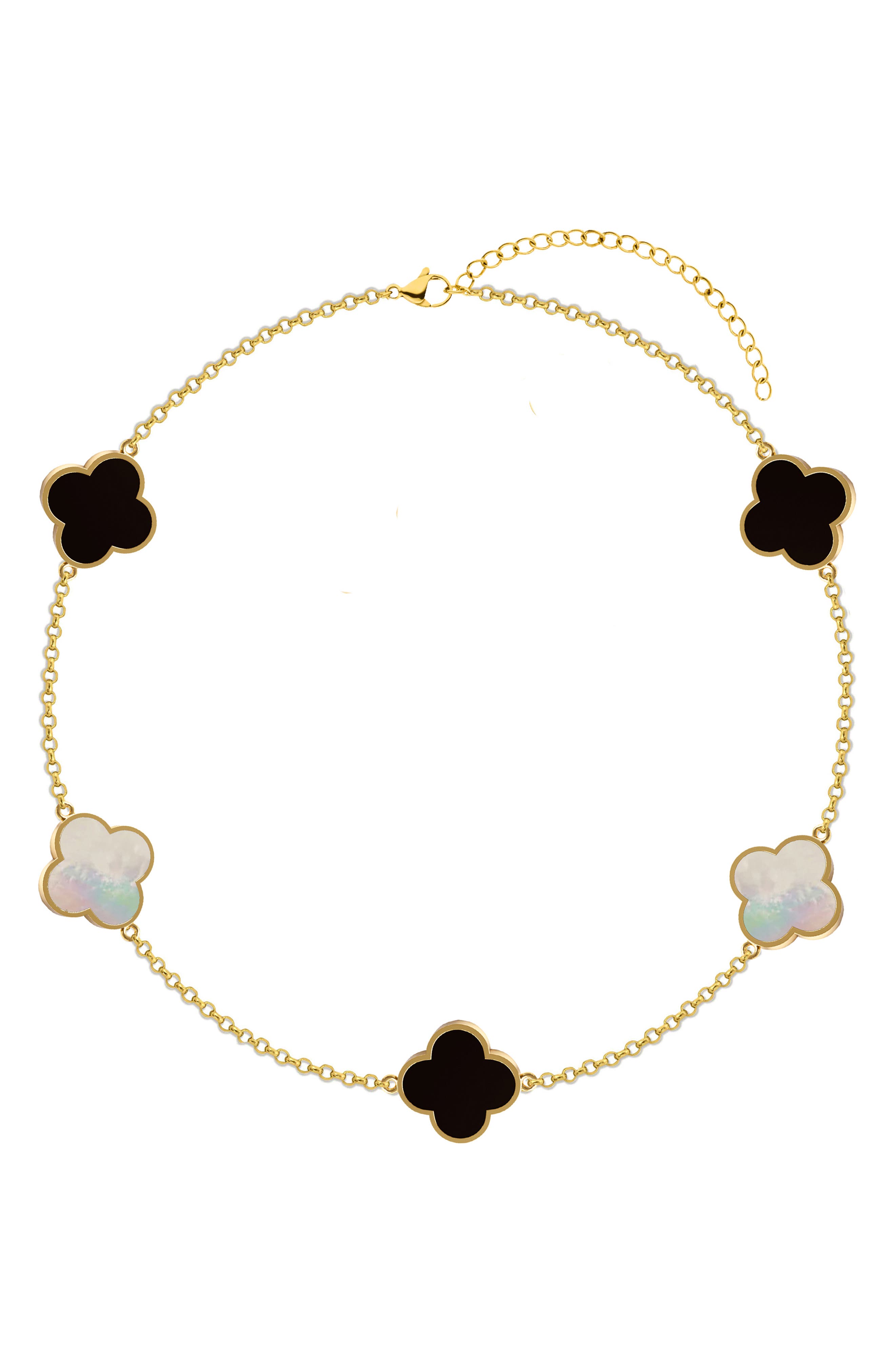 GABI RIELLE Mother-of-Pearl & Onyx Clover Chain Bracelet