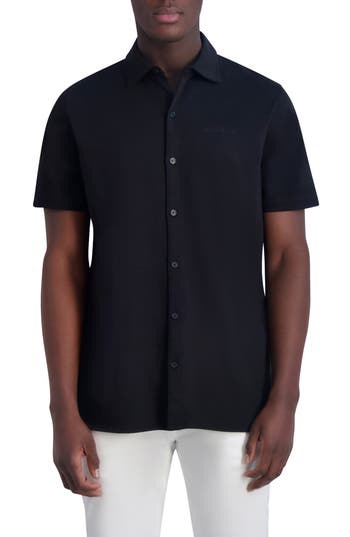 Karl Lagerfeld Paris Short Sleeve Knit Button-up Shirt In Blue