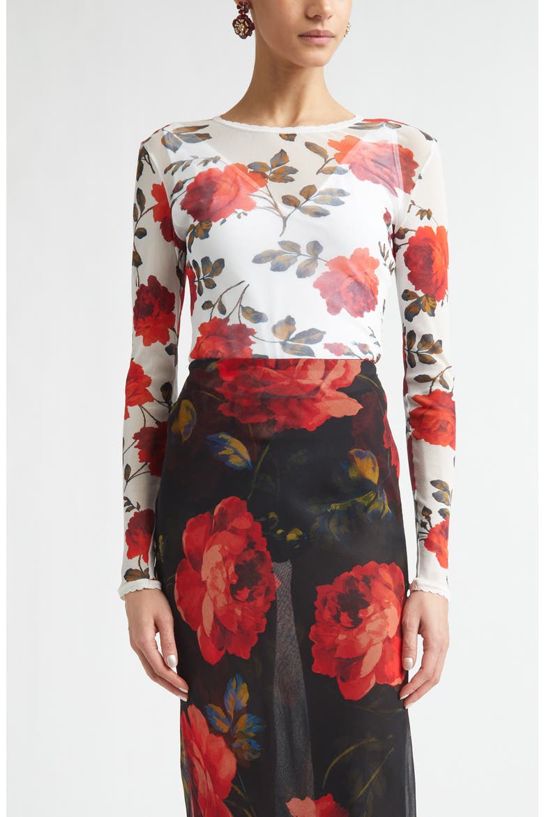 Rose Print Silk Mesh Top, Main, color, IVORY MULTI