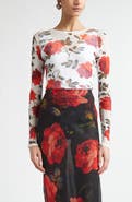 Carolina Herrera Rose Print Silk Mesh Top