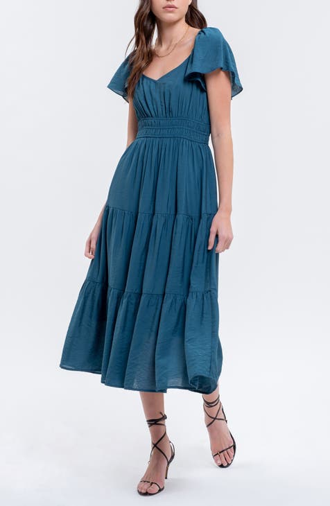 Flutter Sleeve Tiered Midi Dress