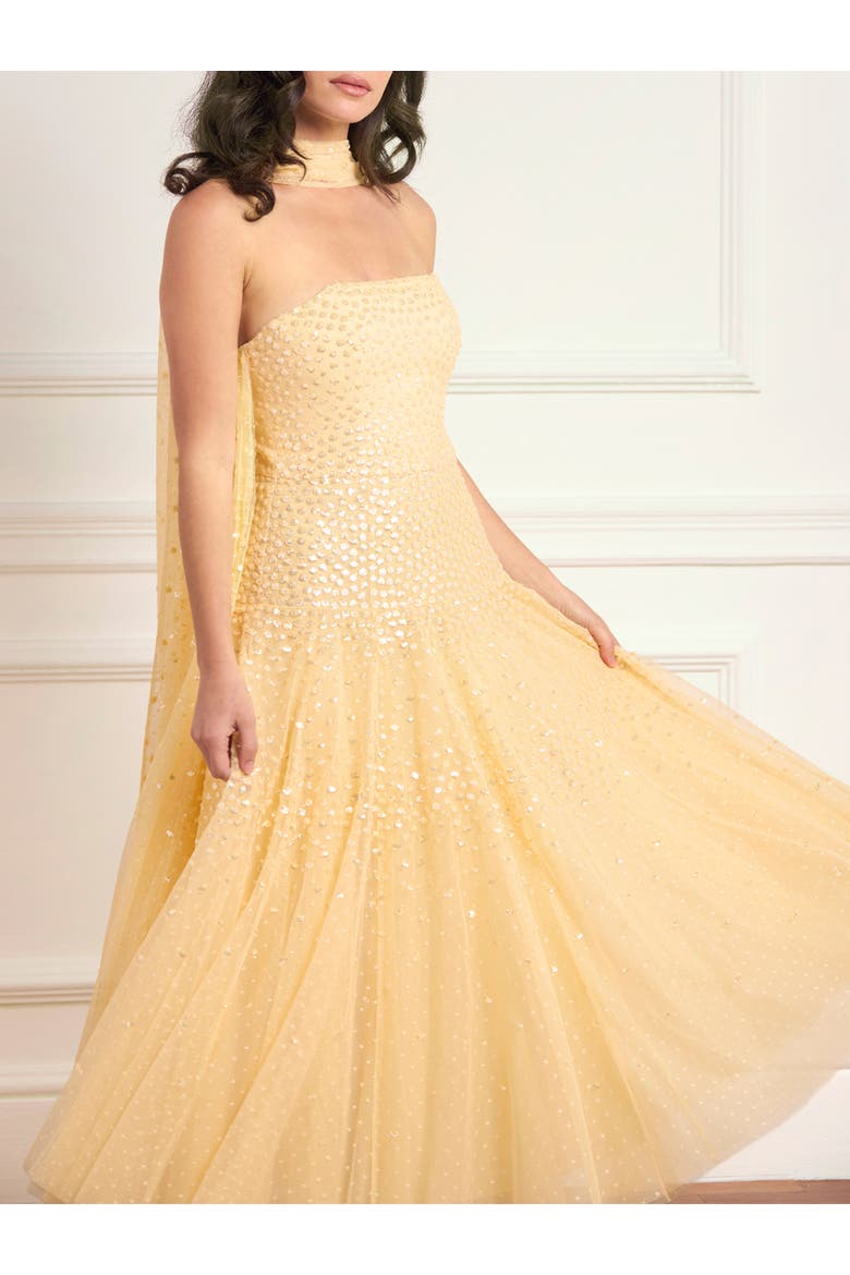 Sunrise Sequin Strapless Cape Dress, Alternate, color, Citron