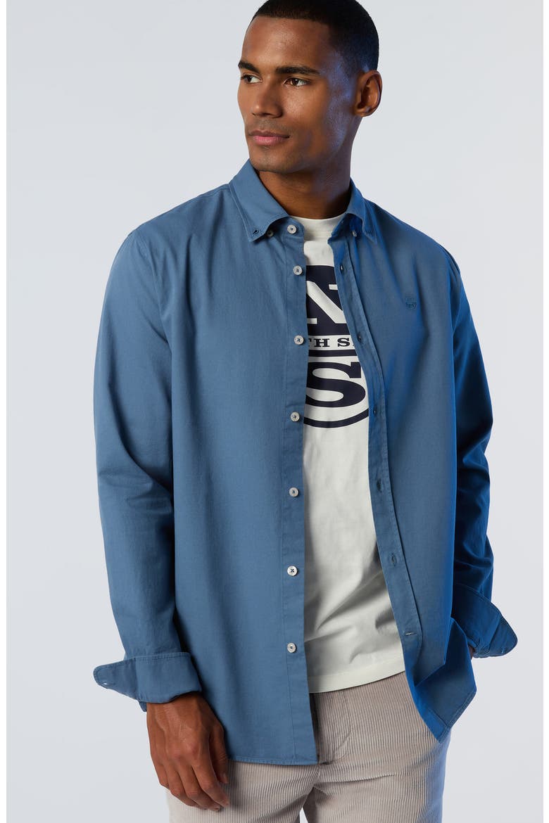Logo Embroidered Cotton Gabardine Button-Down Shirt, Alternate, color, WINTER SEA