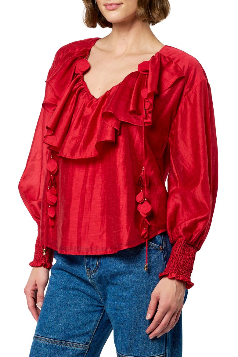 Saruma Satin Ruffle Collar Blouse, Alternate, color, RED