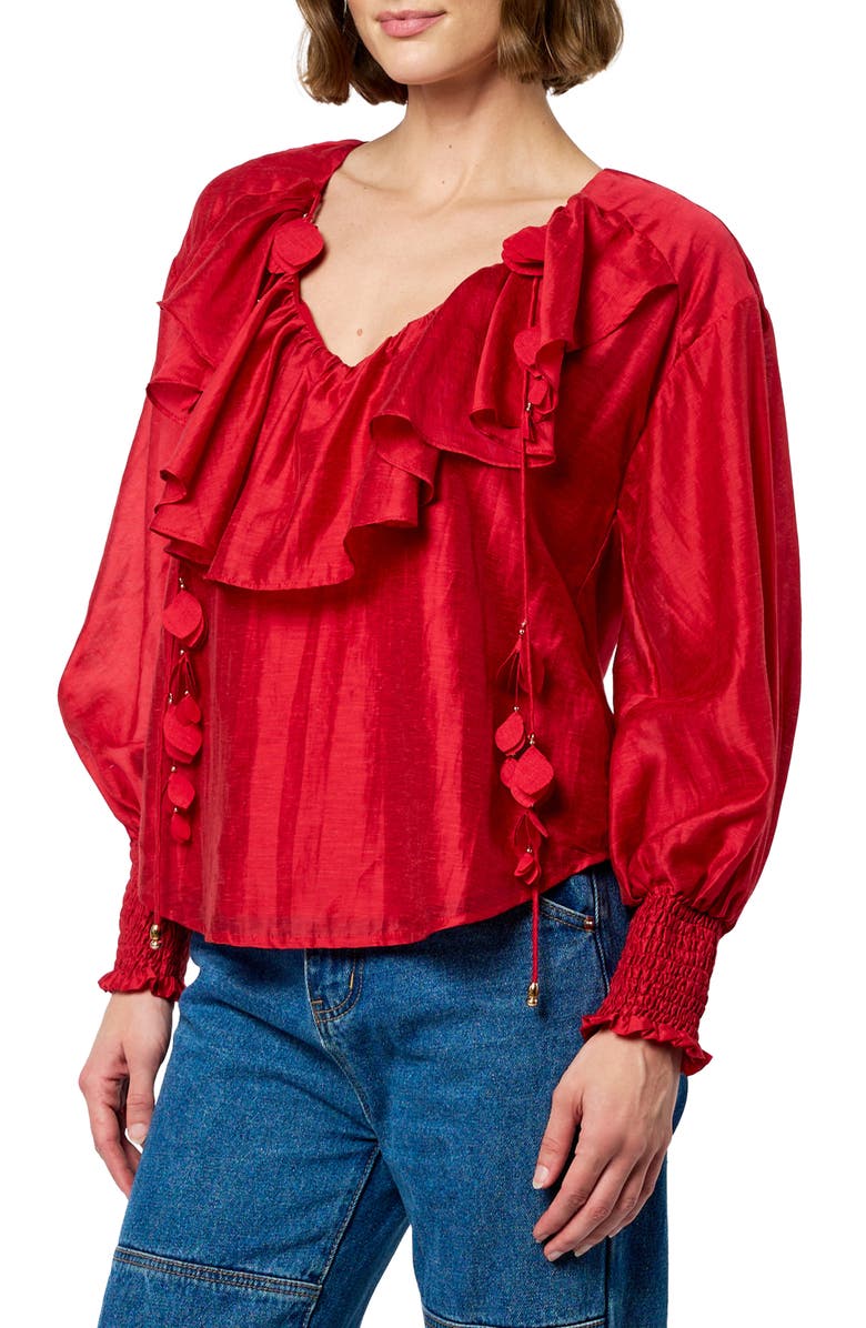 CIEBON Saruma Satin Ruffle Collar Blouse, Alternate, color, Red