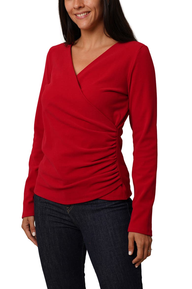 Long Sleeve Faux Wrap Top, Alternate, color, MARS RED