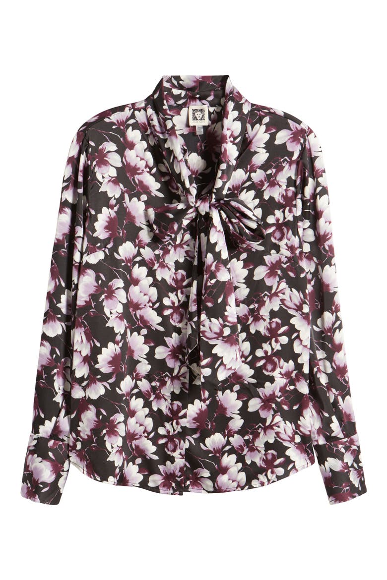 Floral Tie Neck Long Sleeve Top, Alternate, color, ANNE BLACK MULTI