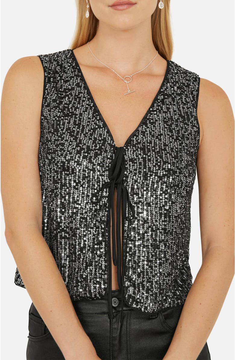 Yumi Sequin Tie Front Waistcoat Top, Alternate, color, Black