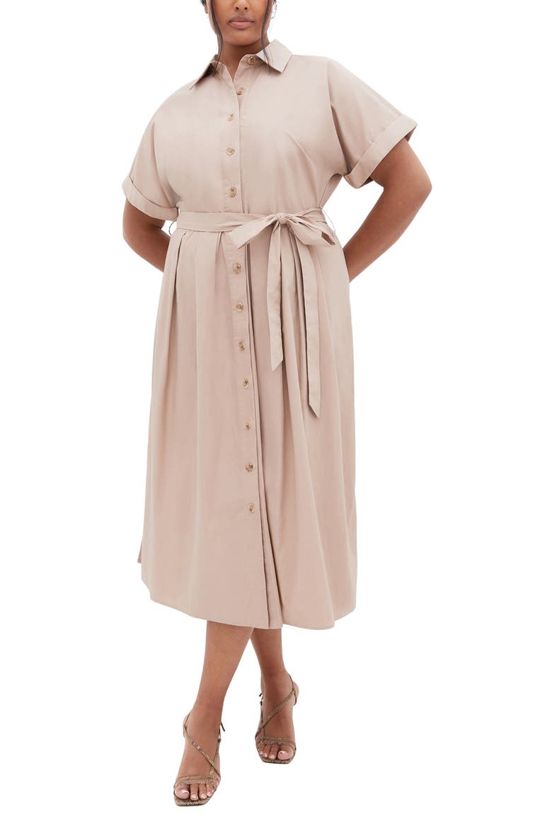 Elly Short Sleeve Belted Cotton Shirtdress, Main, color, ECRU