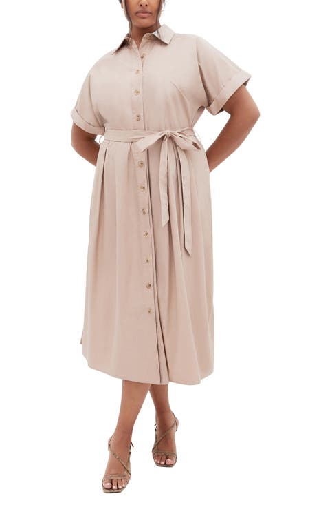 Elly Short Sleeve Belted Cotton Shirtdress (Plus)