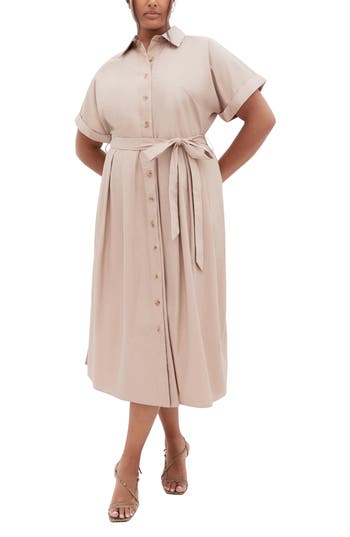 City Chic Elly Short Sleeve Belted Cotton Shirtdress In White