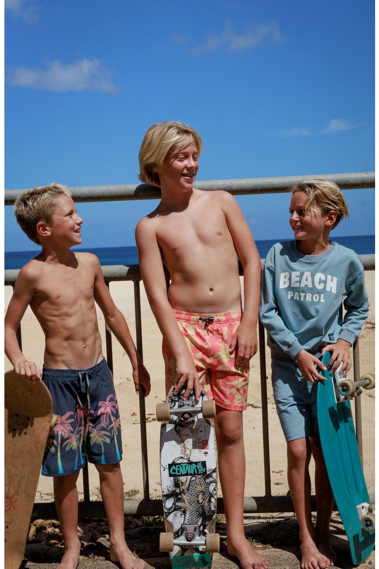Kids' Hibiscus Floral Volley Swim Trunks, Alternate, color, MELON