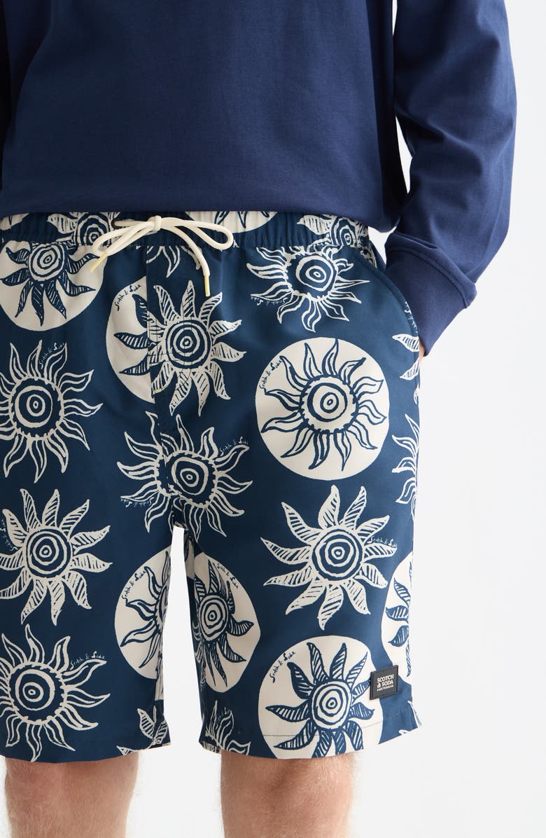 Scotch & Soda Print Swim Trunks, Alternate, color, Suns Captains Blue
