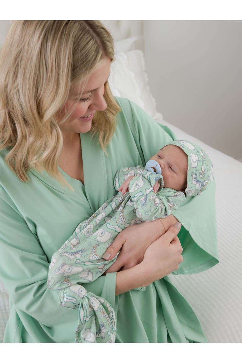 Knotted Sleep Gown & Hat Set, Alternate, color, Sage Safari