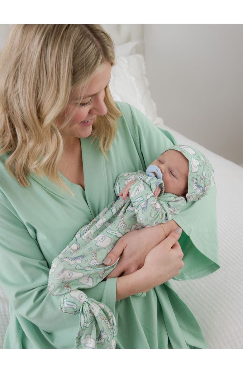 RuffleButts Knotted Sleep Gown & Hat Set, Alternate, color, Sage Safari