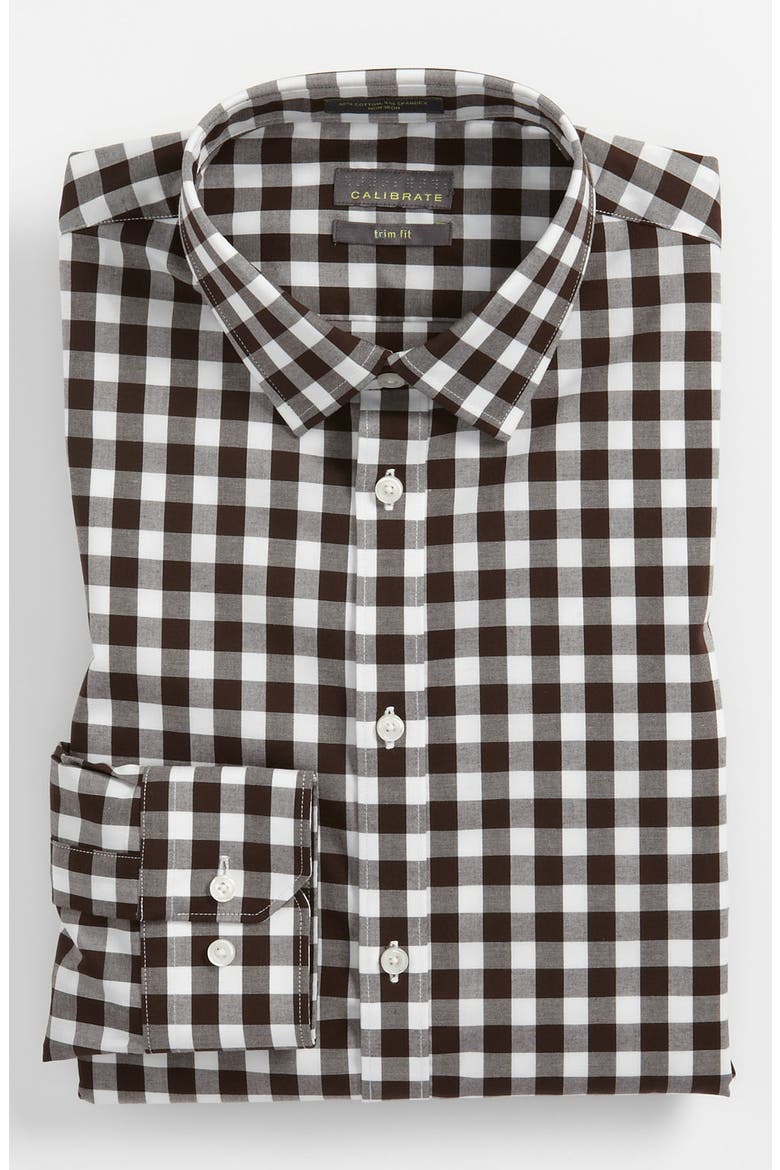 Trim Fit Non-Iron Gingham Dress Shirt, Main, color, BROWN
