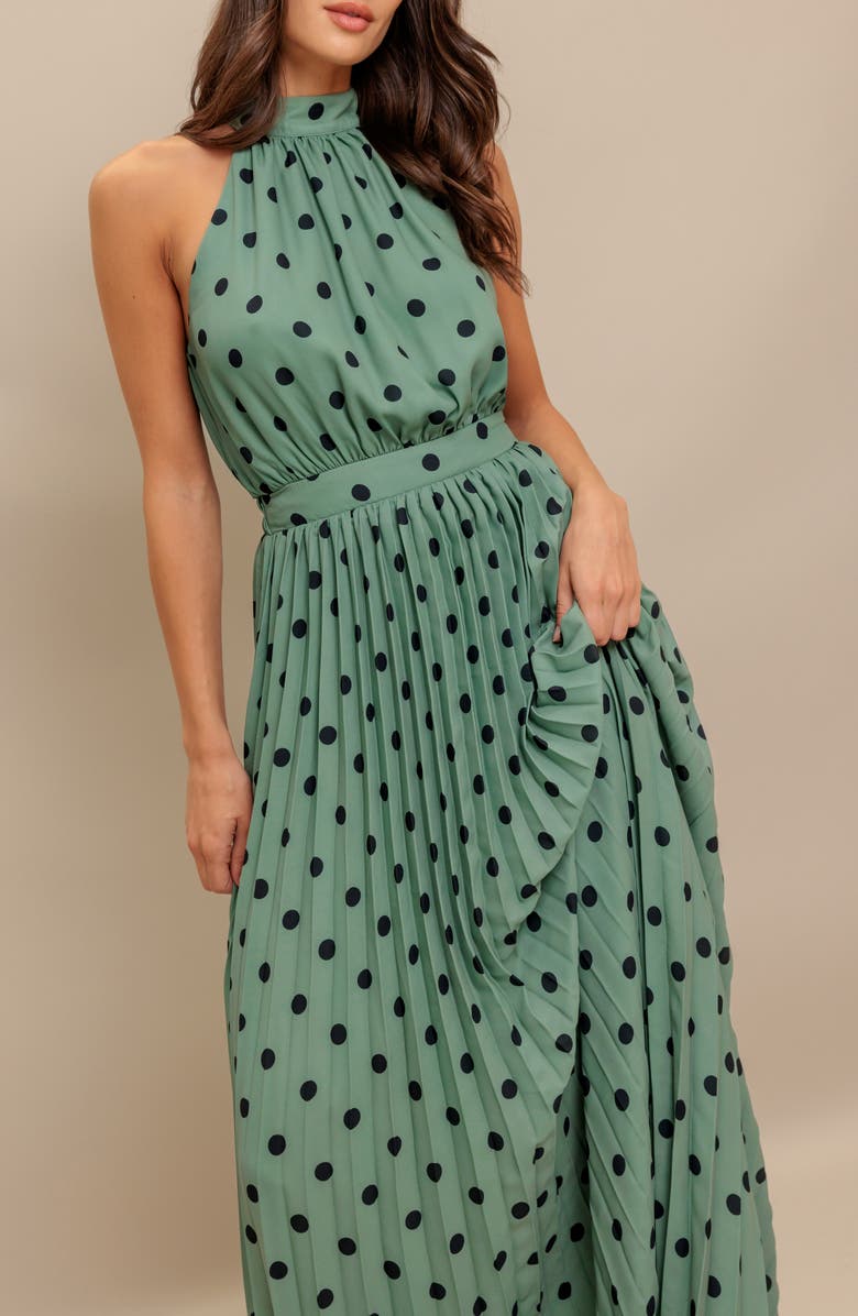 FLYING TOMATO Polka Dot Halter Maxi Dress, Alternate, color, Dark Sage