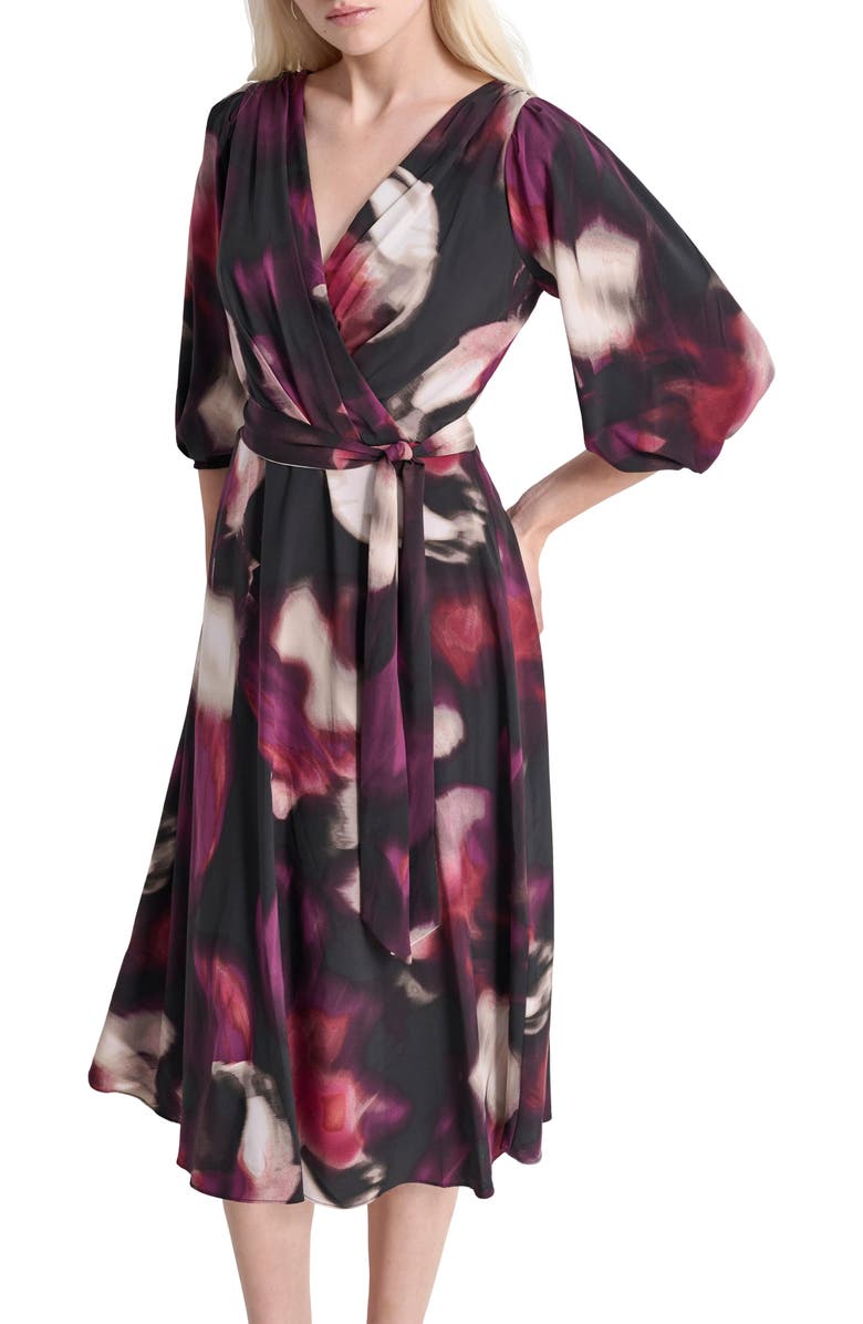 DKNY Surplice Three-Quarter Balloon Sleeve Midi Dress, Alternate, color, Raisin Mul