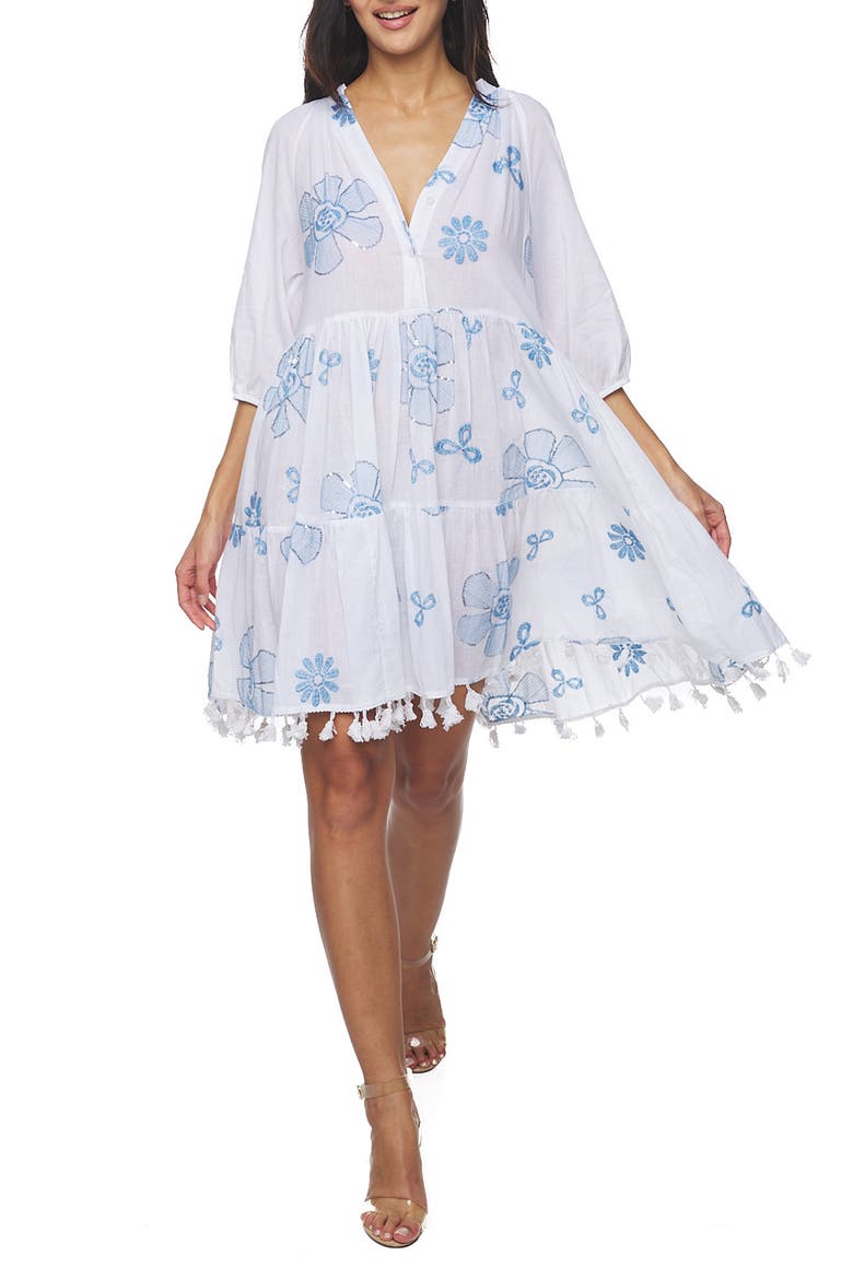 Tiered Sequin Tassel Trim Dress, Main, color, WHITE