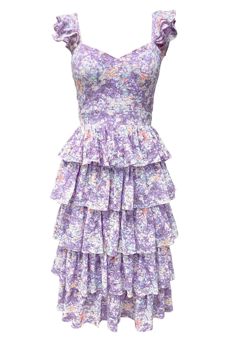 Kristen Floral Ruffle Tier Midi Dress, Alternate, color, LAVENDER MULTI