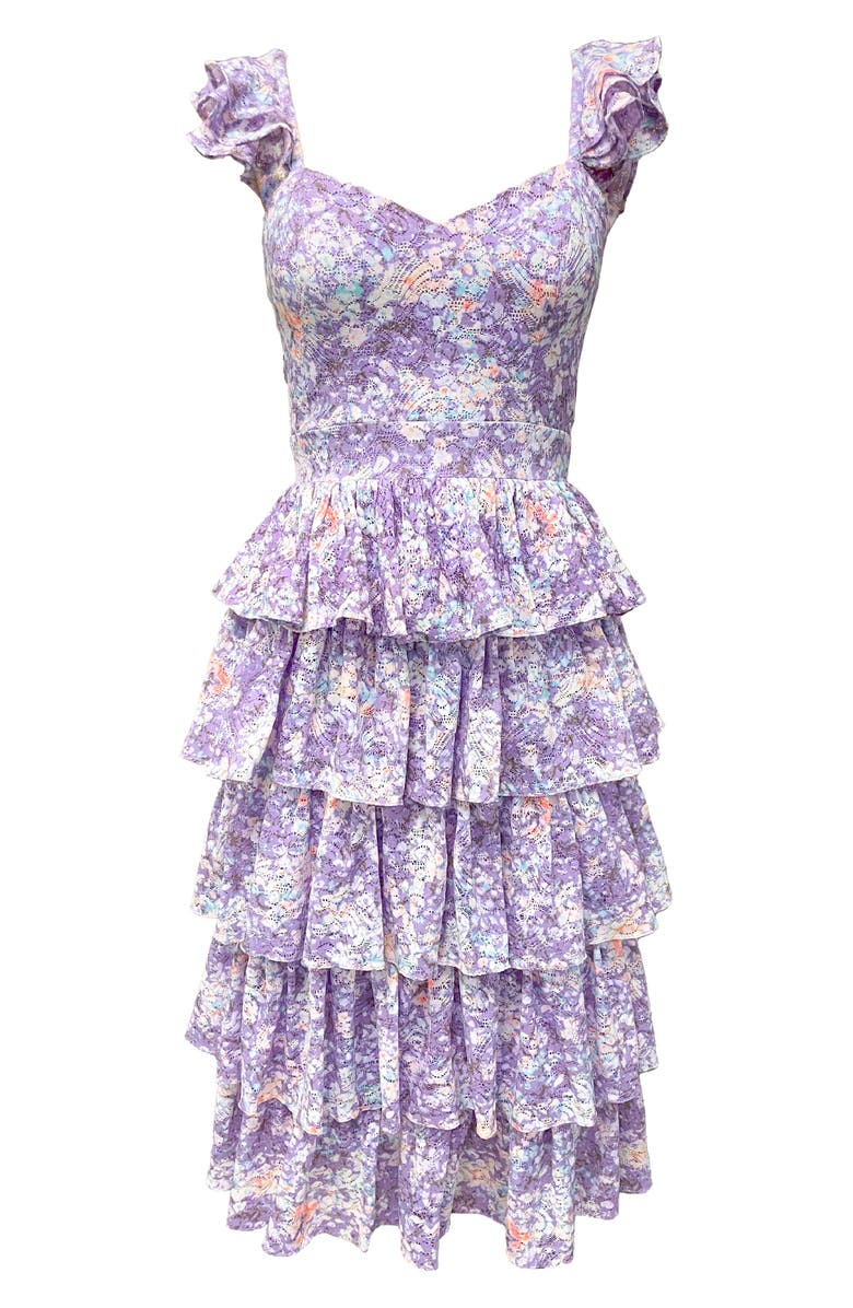 Dress the Population Kristen Floral Ruffle Tier Midi Dress, Alternate, color, Lavender Multi