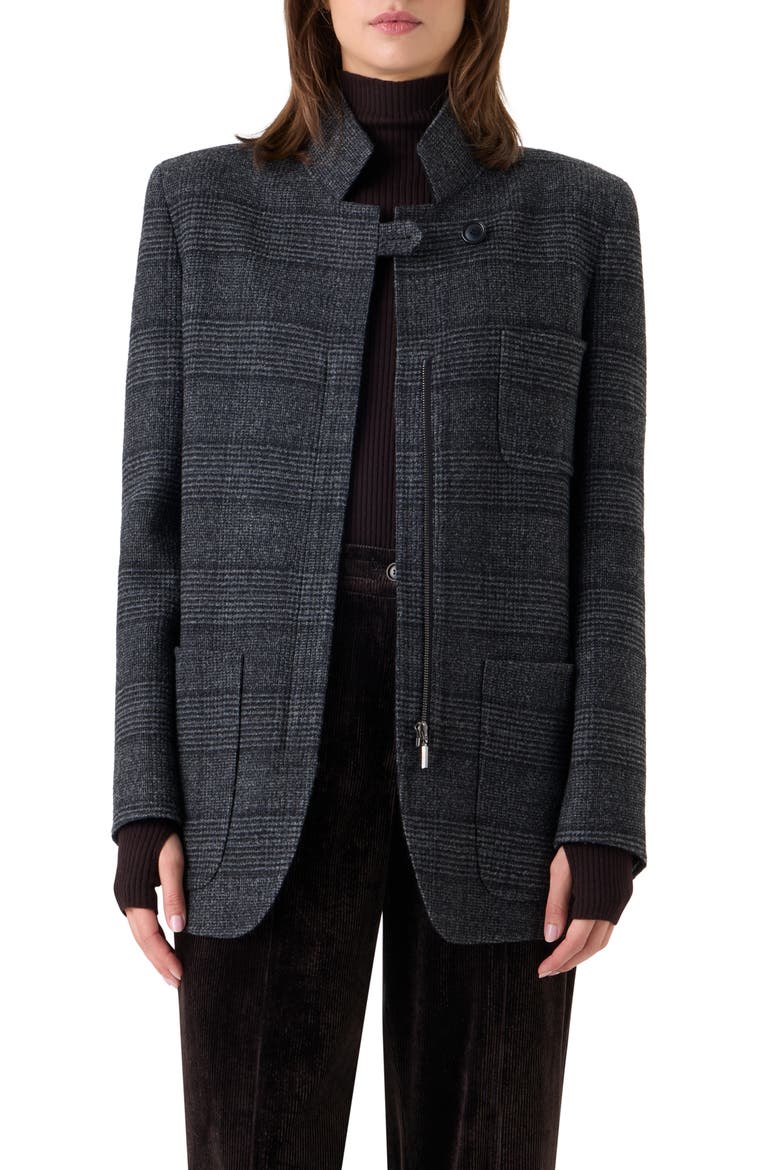 Kamila Plaid Virgin Wool Zip Jacket, Main, color, CHARCOAL-BLACK