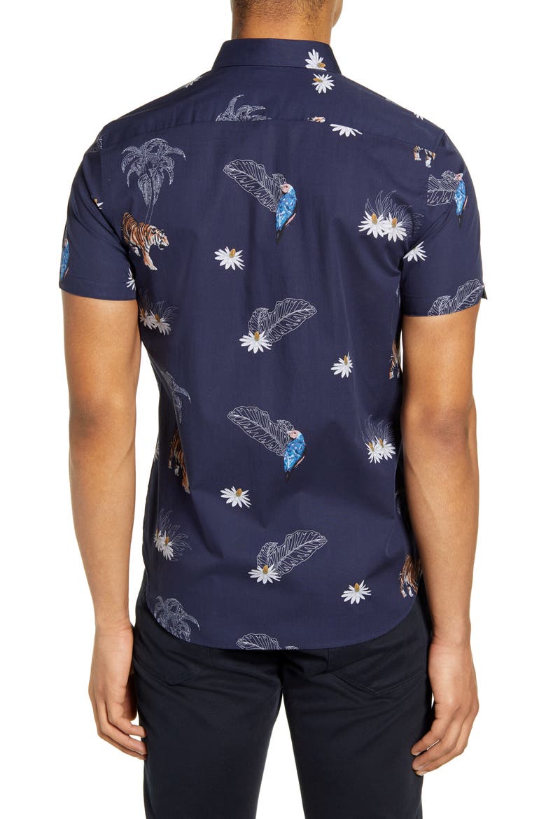 Bold Animal Print Slim Fit Short Sleeve Button-Up Shirt, Alternate, color, NAVY