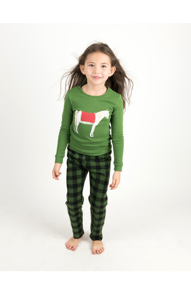 Leveret 2-pc. Cotton Top & Fleece Pants Holiday Pajama Set, Alternate, color, Horse Green/Black Plaid