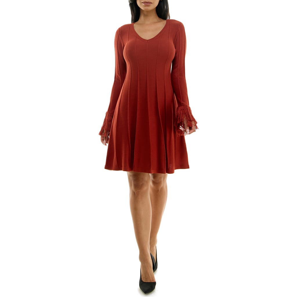 Nina Leonard Fringe Cuff Sweater Dress In Rust