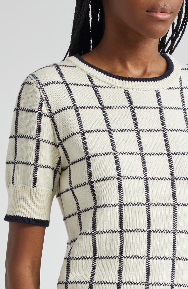 Veronica Beard Windowpane Check Short Sleeve Cotton Sweater, Alternate, color, Ivory/ Navy