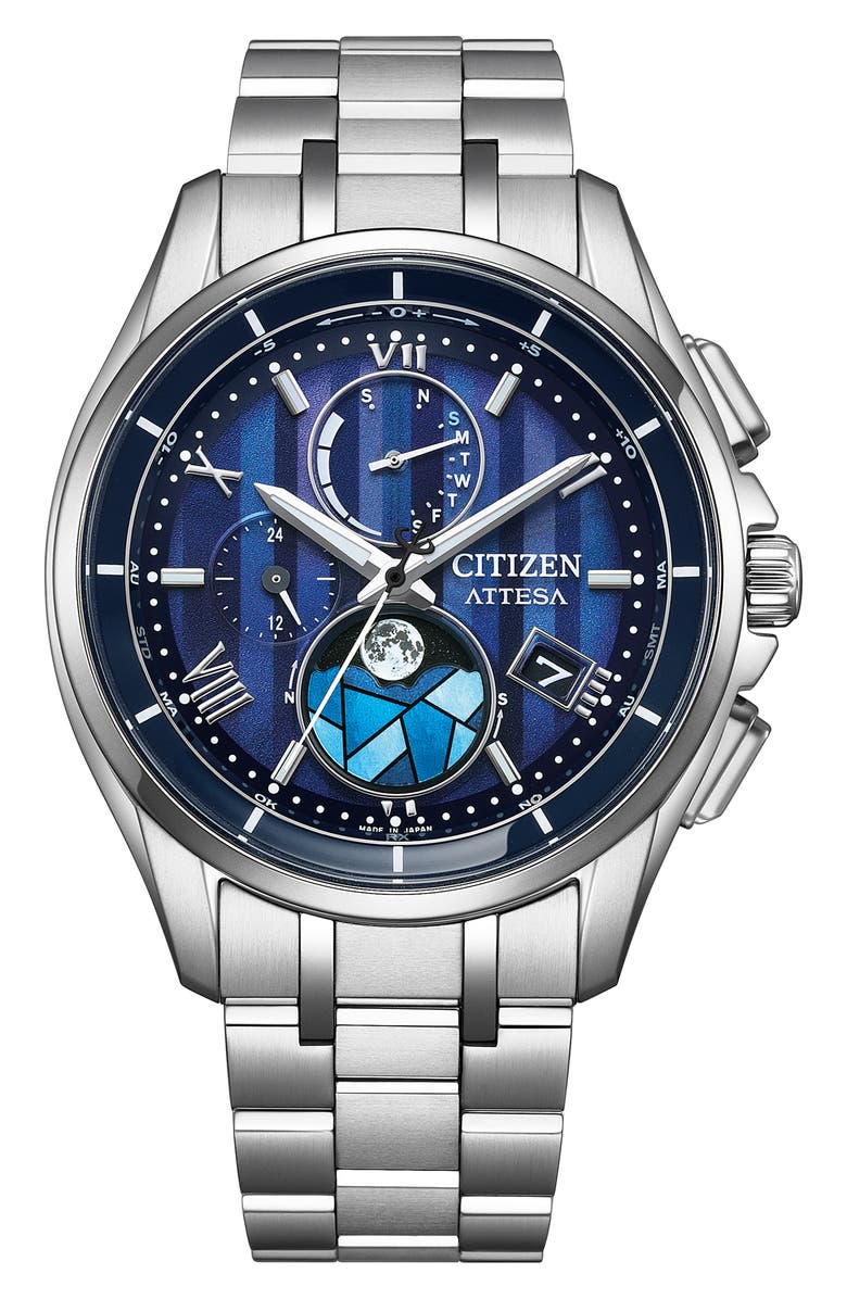 Citizen ATTESA Atomic Timekeeping Stained Glass Chronograph Super Titanium<sup>™</sup> Bracelet Watch, 41.5mm, Main, color, Silver-Tone