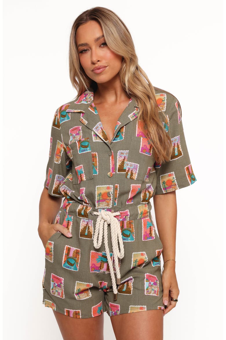 Everlee Postcard Print Romper, Alternate, color, OLIVE PRINT