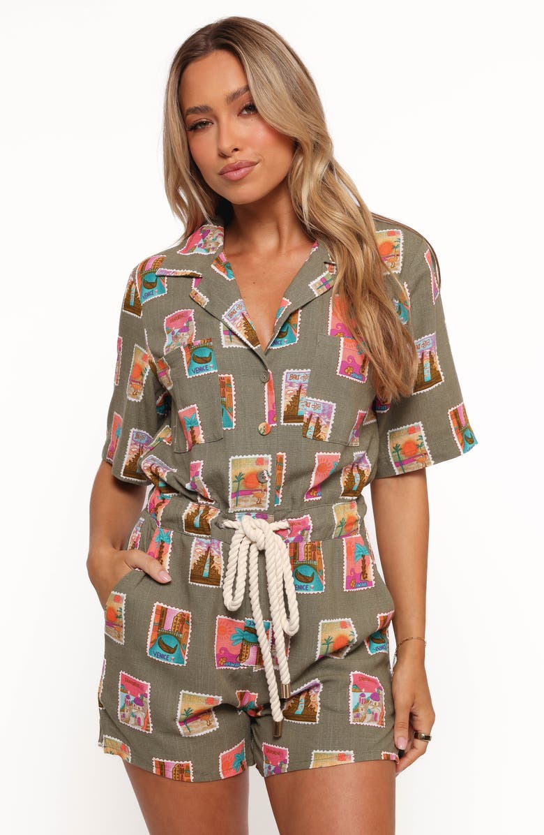 Petal & Pup Everlee Postcard Print Romper, Alternate, color, Olive Print