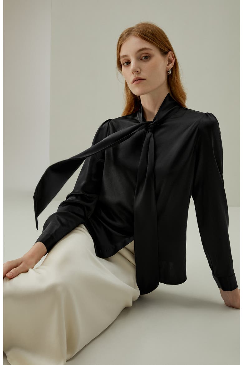 Women's Bow-tie Neck Silk Blouse, Alternate, color, Black
