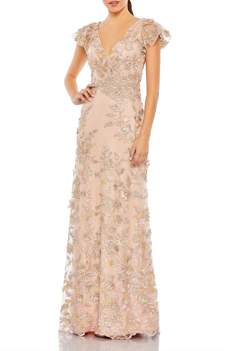 Mac Duggal Embroidered Applique Wrap Over Flutter Sleeve Gown, Main, color, Rose Gold