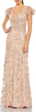 Mac Duggal Embroidered Applique Wrap Over Flutter Sleeve Gown
