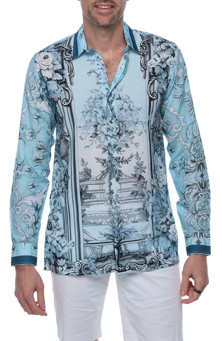 RANEES Extra Trim Fit Print Linen & Cotton Button-Up Resort Shirt, Main, color, Light Blue