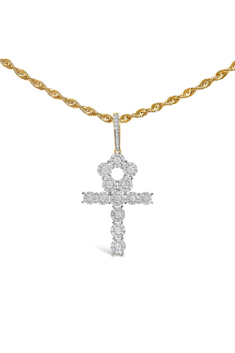 Men's 10K Yellow Gold 1 3/4 Cttw Diamond Cluster Ankh Cross Pendant Necklace - 18" Inches, Main, color, Yellow Gold