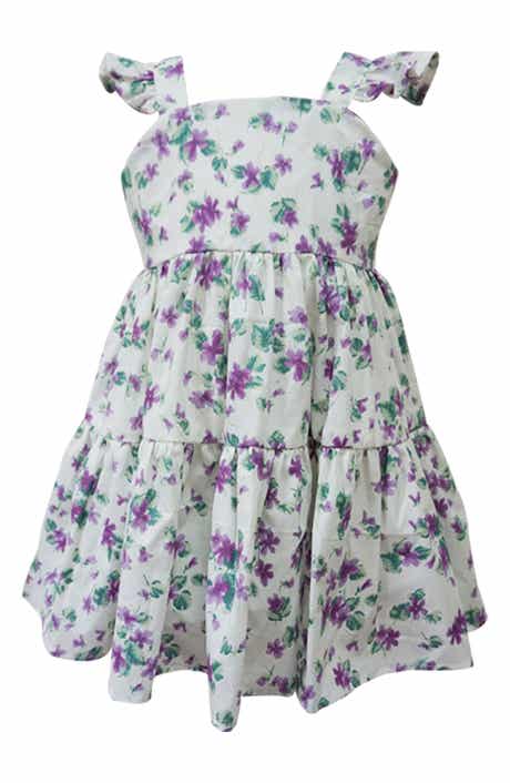 Popatu Kids' Lilac Floral Tiered Cotton Dress